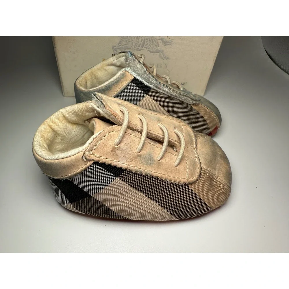Burberry Crib Shoes Kids Size 17 EU us 2 Beige Fair Classic Check Leather Canvas